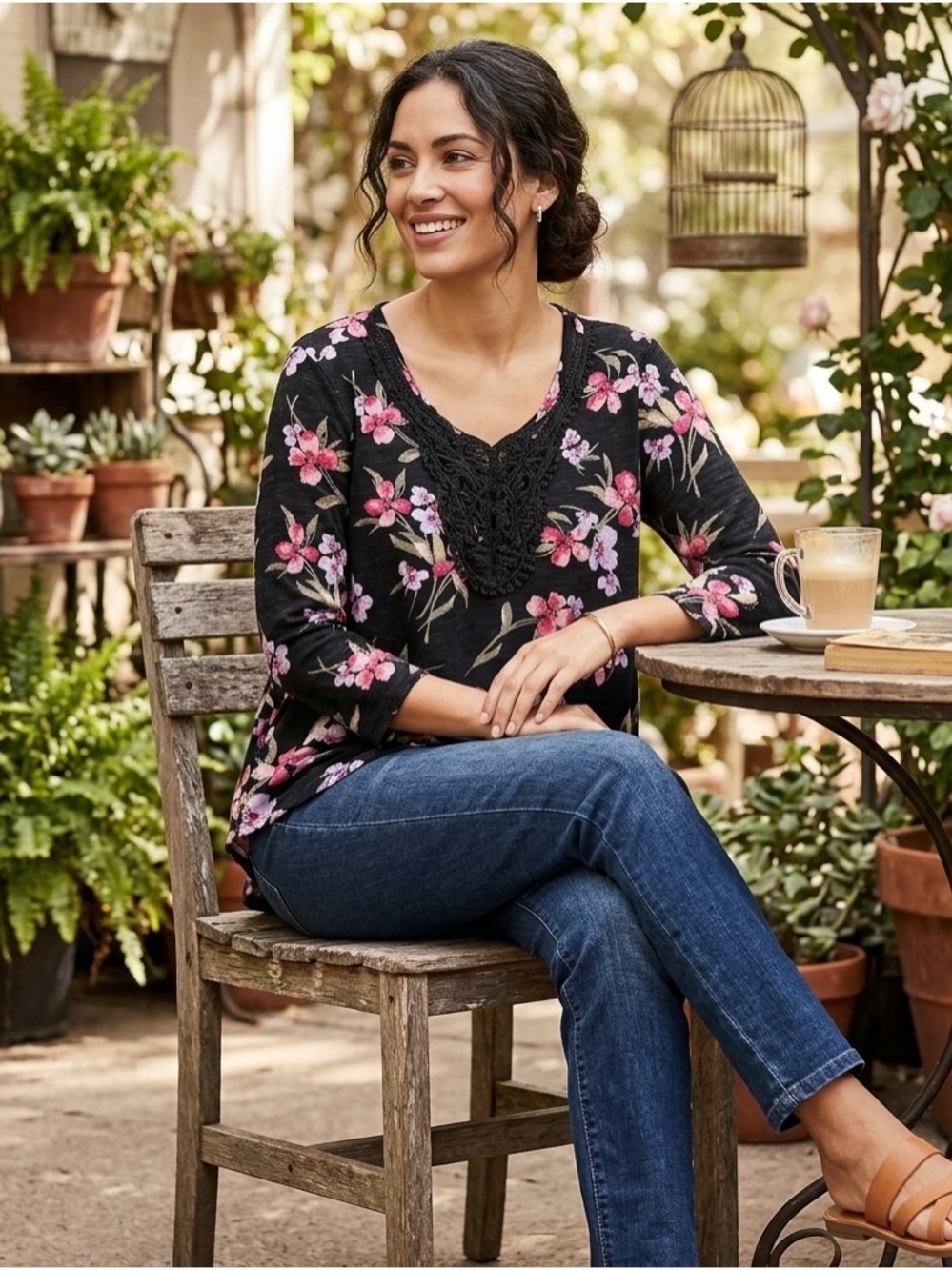 Cato Black Floral Lace-Detail swing top
